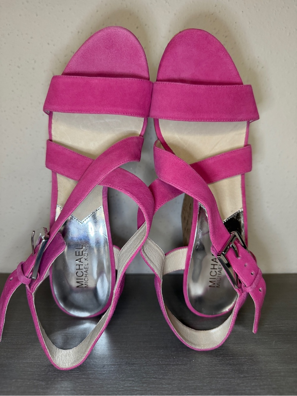 Michael Kors Pink Suede Cork Platform Wedge Heels Women’s Size 11M New - Picture 4 of 9